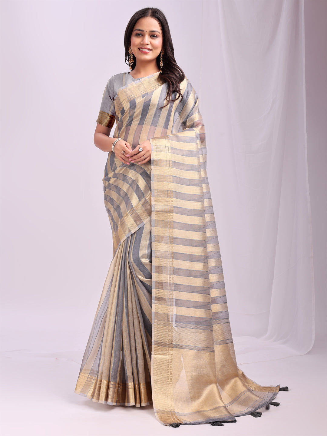 Grey Organza Woven Patta Designer Trendy Ethnic Saree