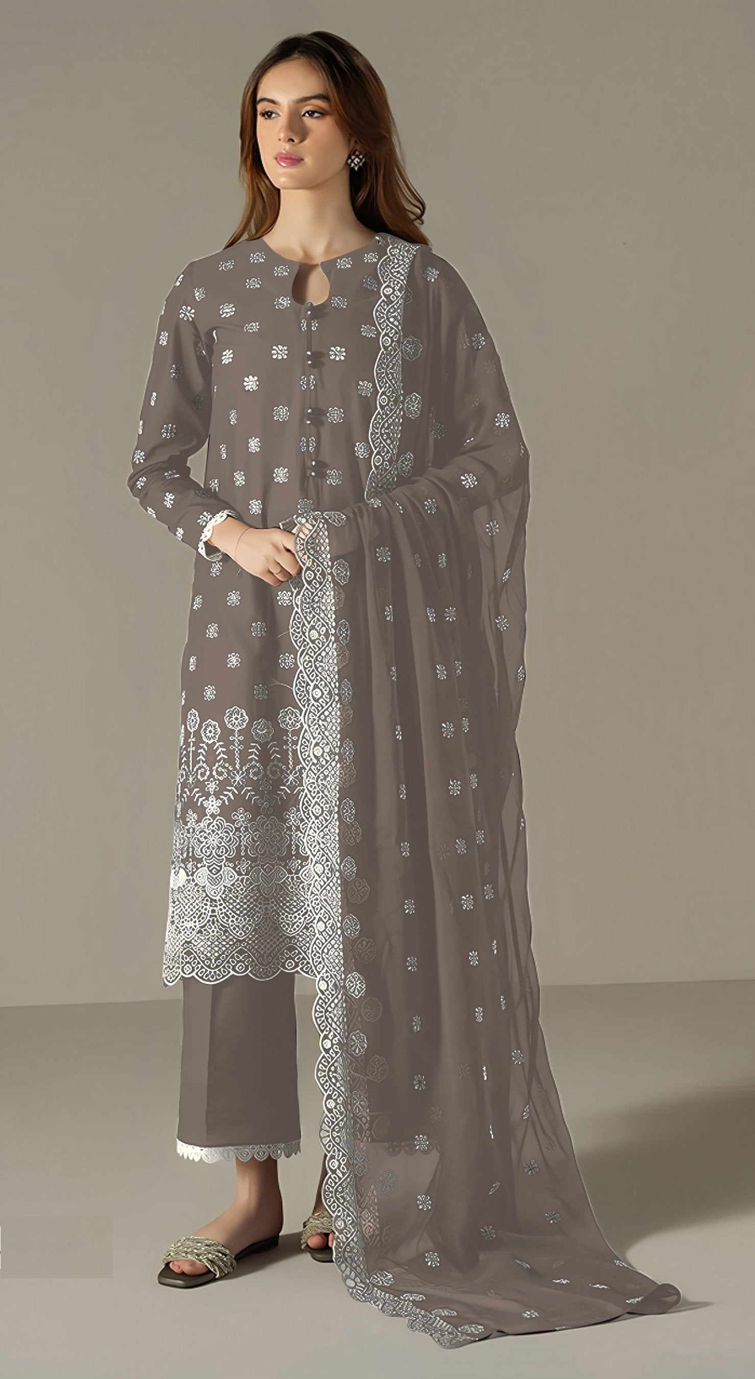 Grey Pakistani Salwar Suit With Heavy Embroidery Work