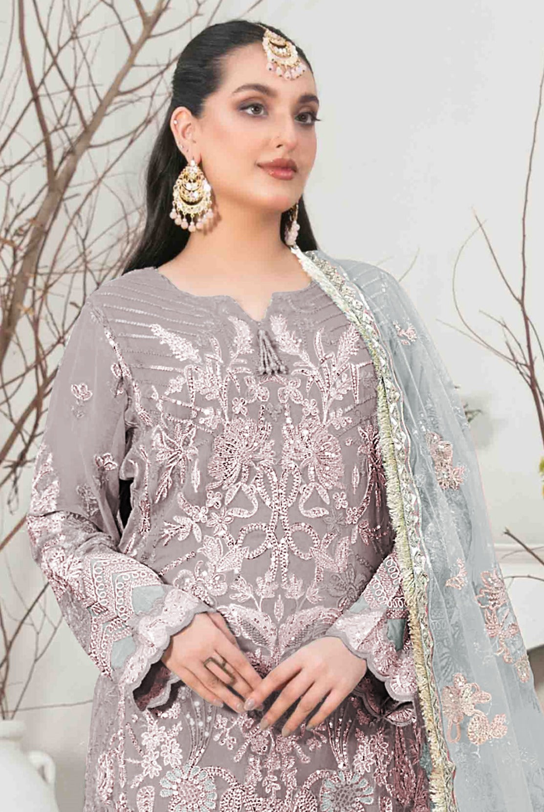 Grey Pakistani Salwar Suit With Heavy Embroidery Work