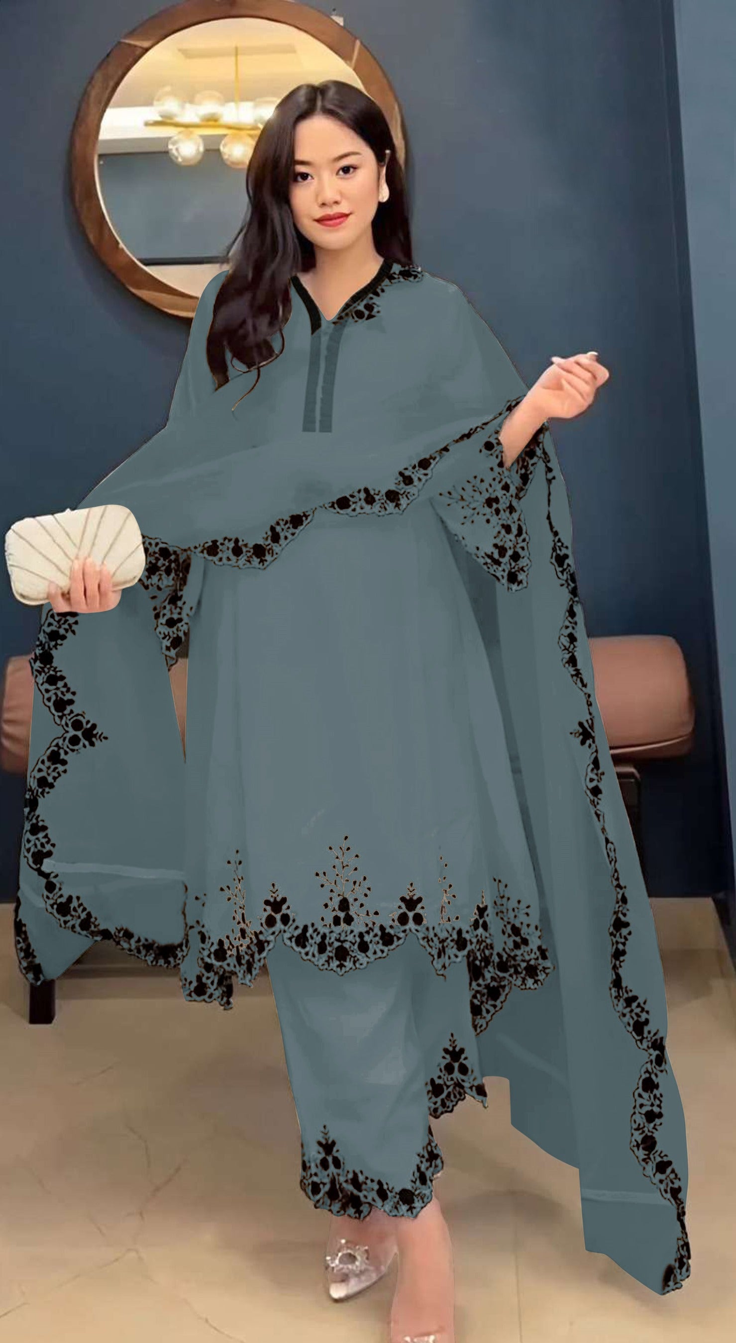 Grey Pakistani Salwar Suit With Heavy Embroidery Work