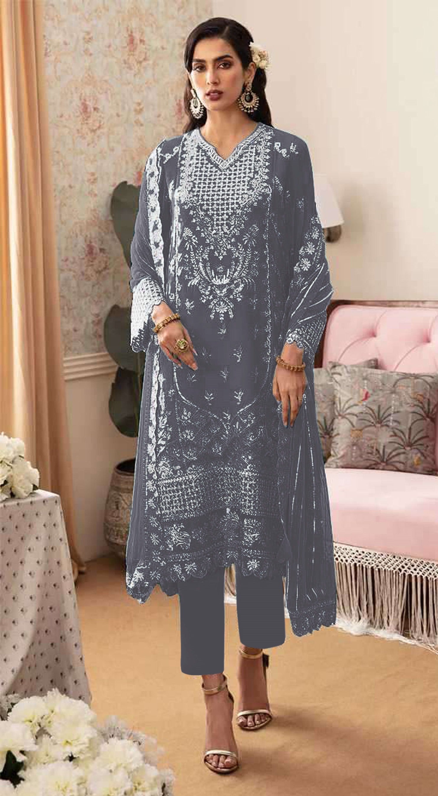 Grey Pakistani Salwar Suit With Heavy Embroidery Work