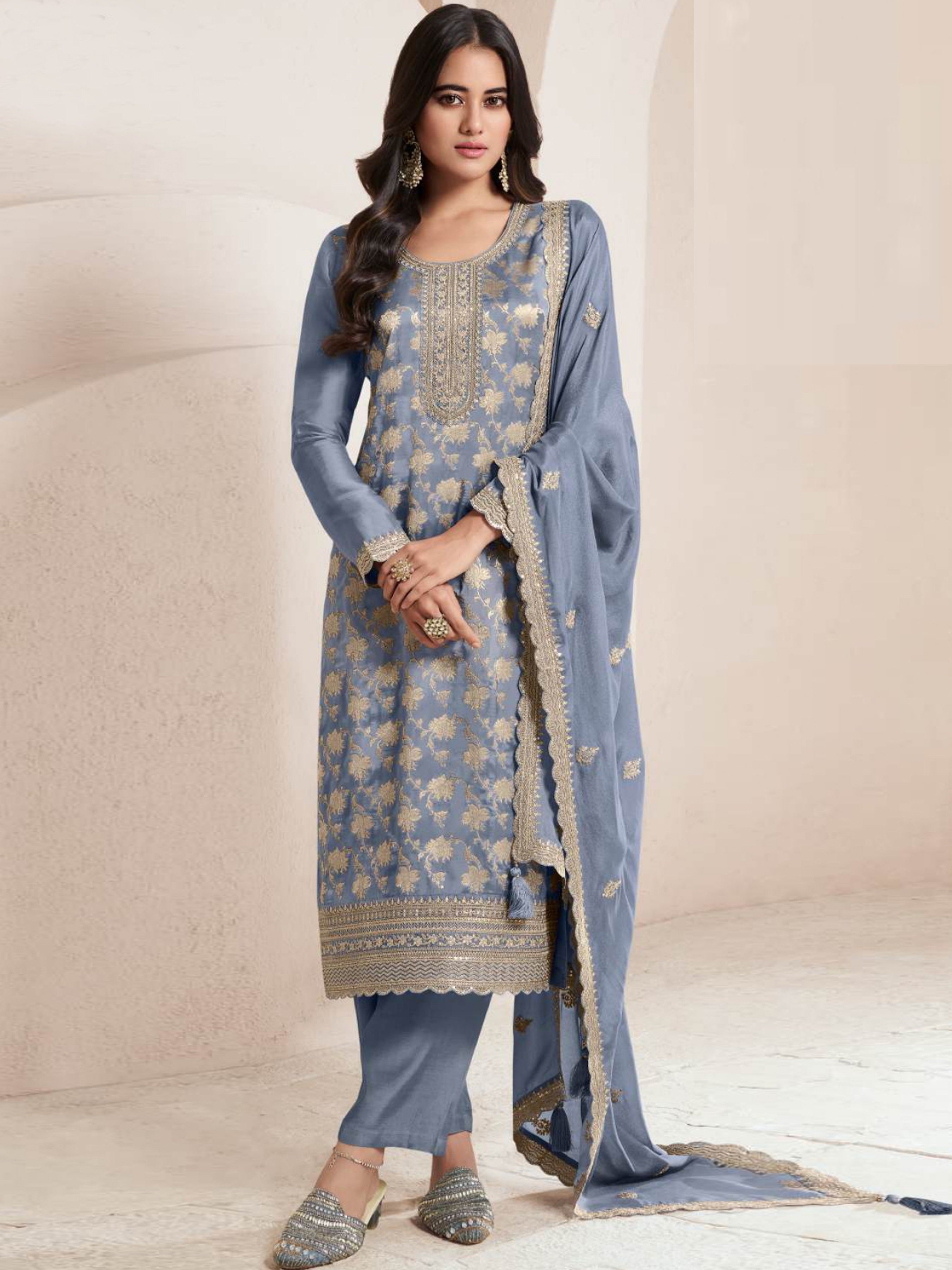 Grey Pakistani Salwar Suit With Heavy Embroidery Work