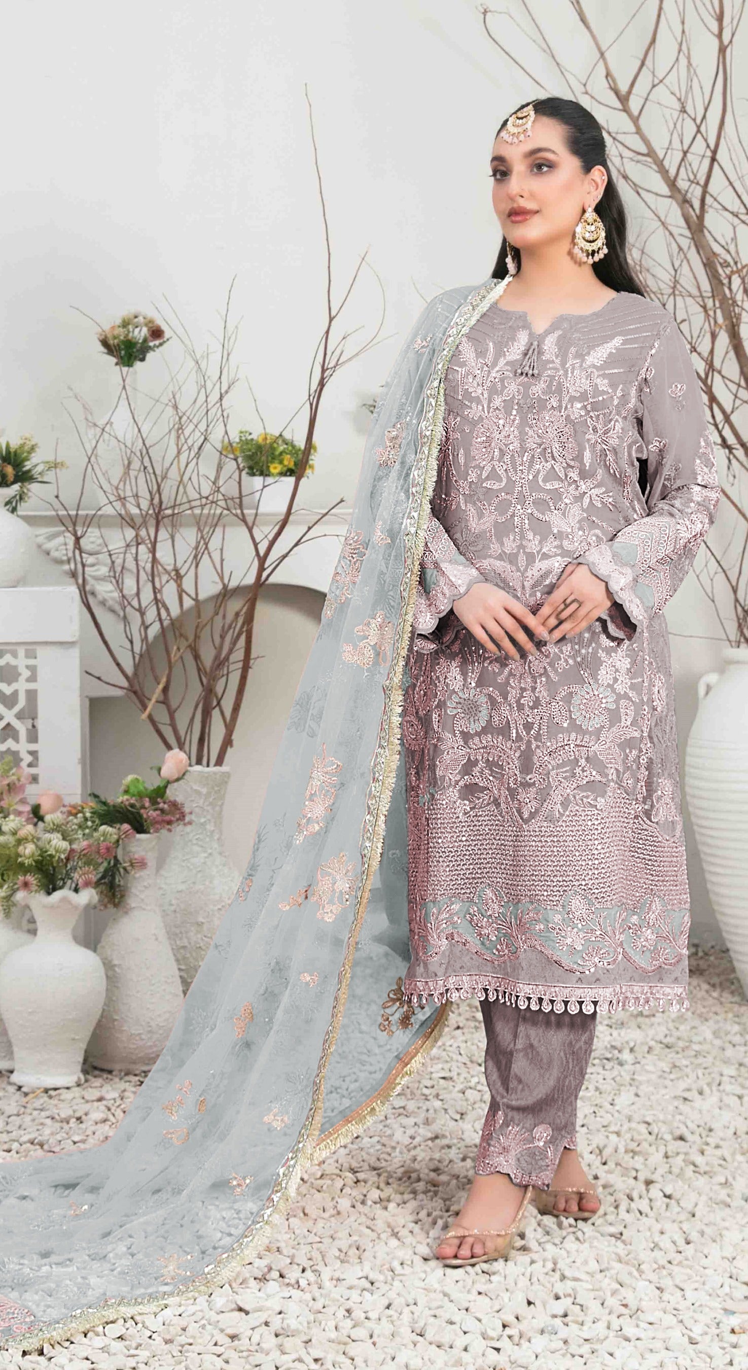 Grey Pakistani Salwar Suit With Heavy Embroidery Work