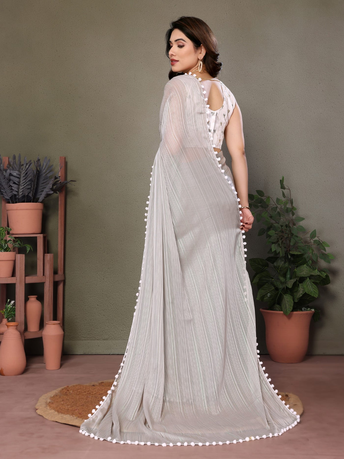 Grey Polyester Zari Saree With Plain Saree With Embroidery Work Blouse And Pum Pum Lace