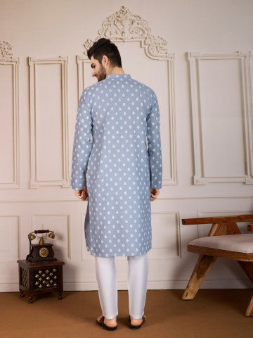 Grey Printed Cotton Stylish Kurta Pajama