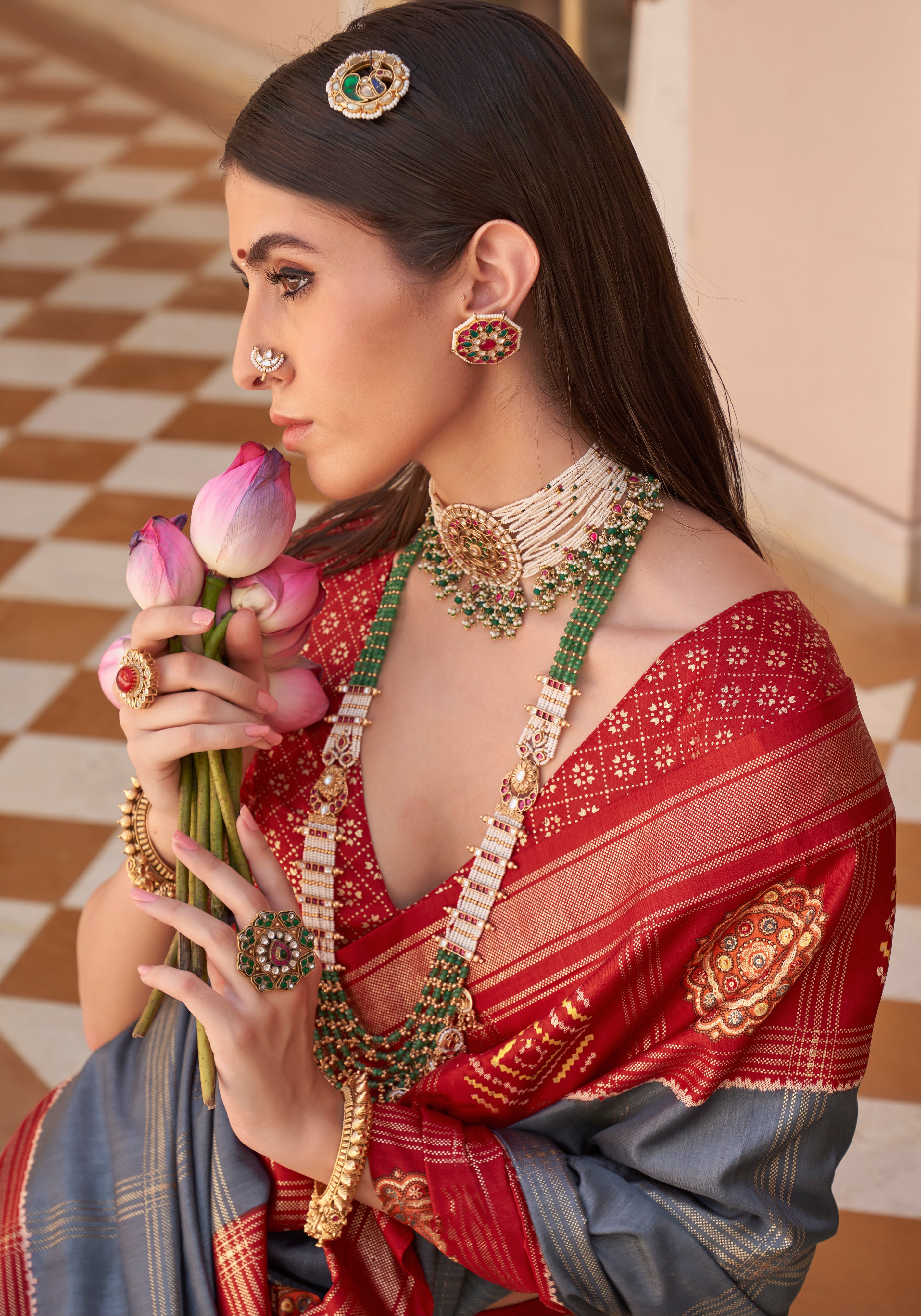 Grey Printed Saree With Jacquared Woven Work