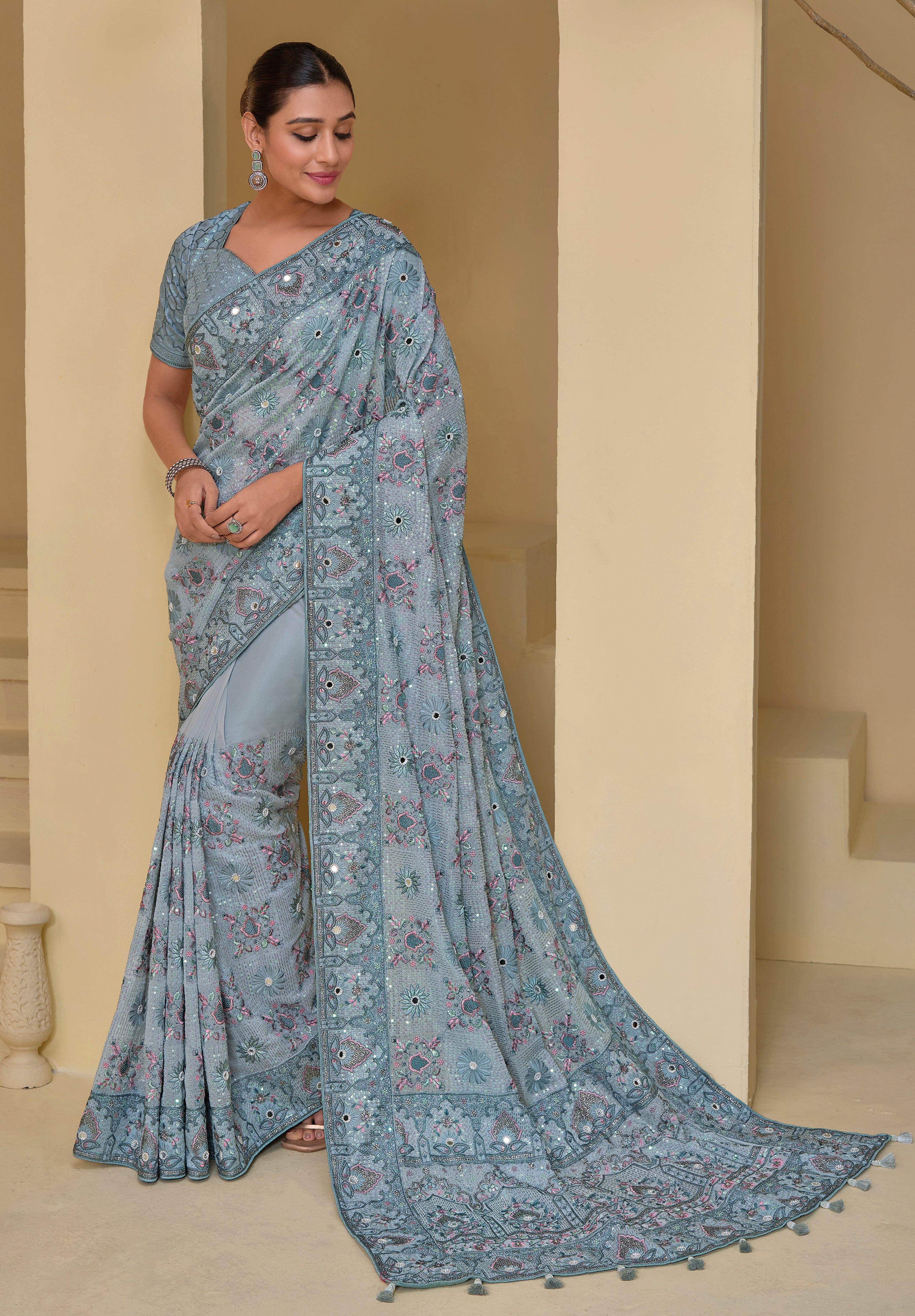 Grey Pure Banarasi Saree With Embroidery, Moti, Mirror, Jari With Sequins Work
