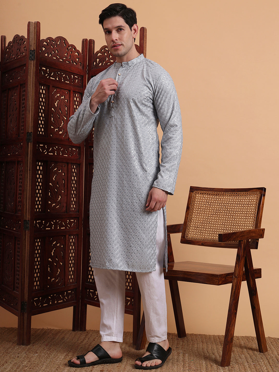 Grey Rayon Chikankari Embroidered Traditional Kurta Pajama