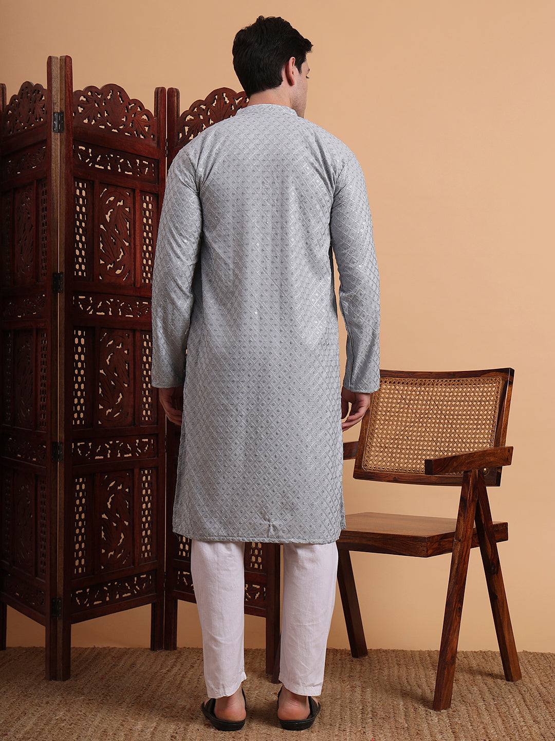 Grey Rayon Chikankari Embroidered Traditional Kurta Pajama