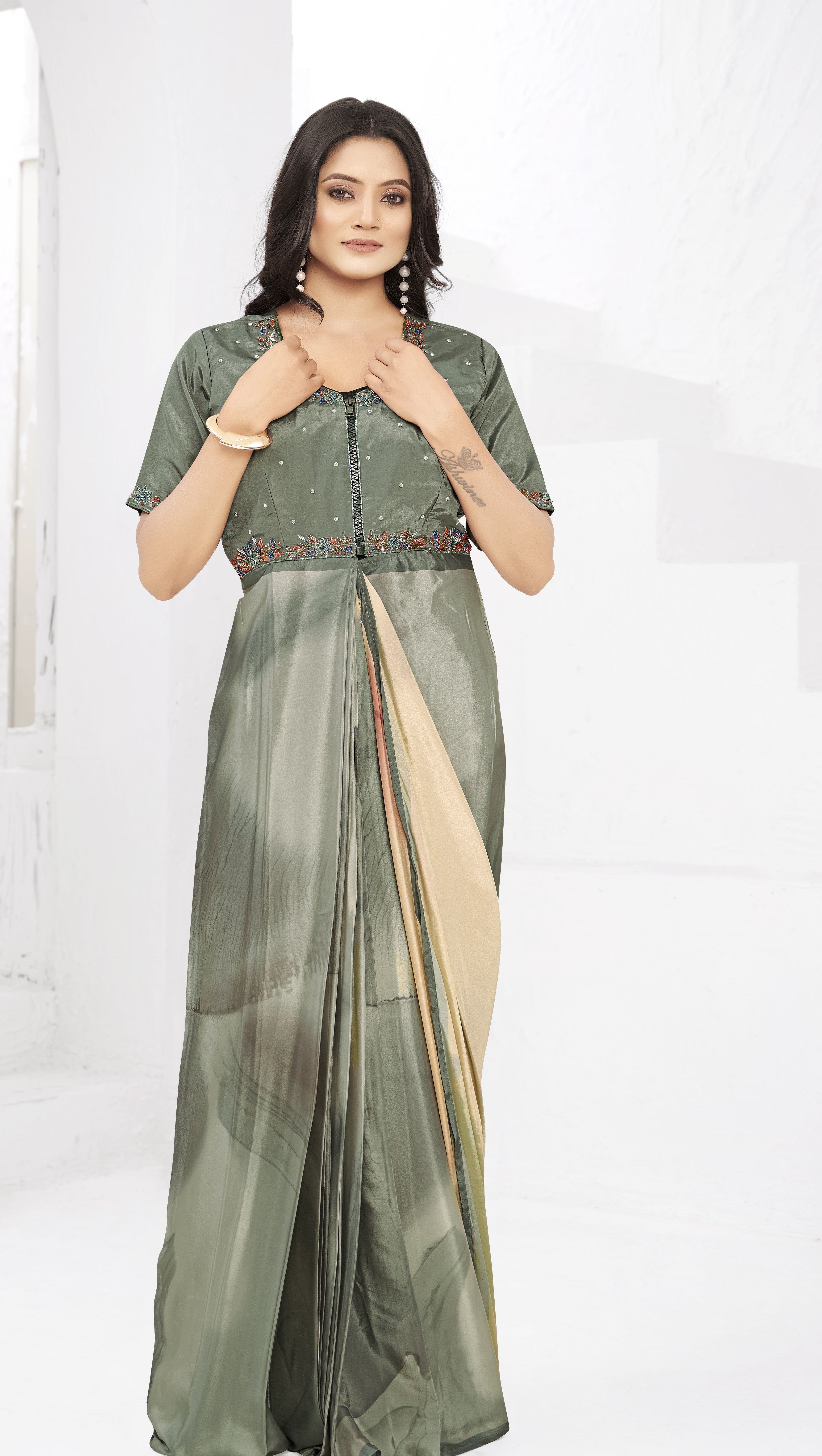 Grey Ready To Wear Gown Style Designer Printed Saree With Embroidery Work Blouse