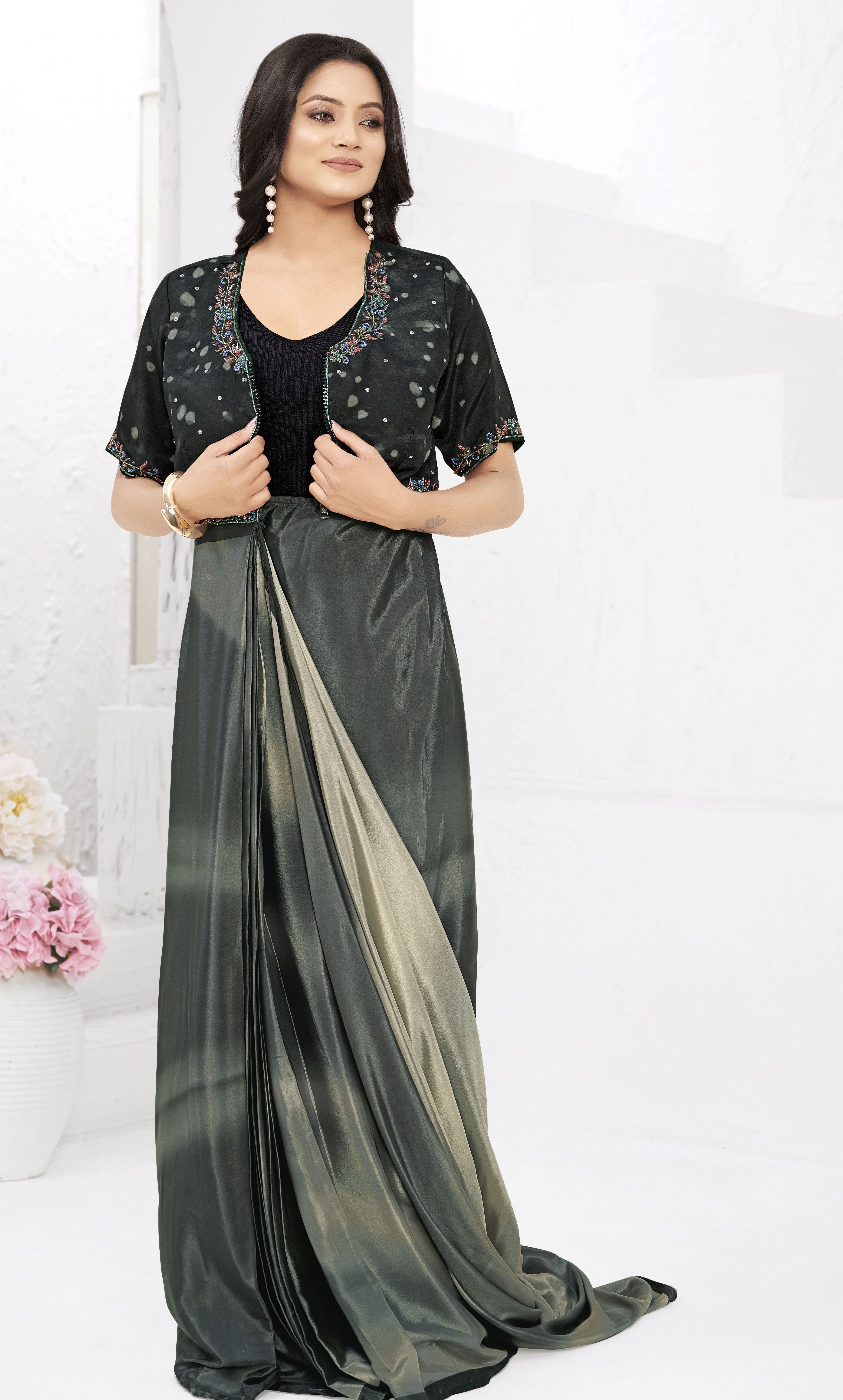 Grey Ready To Wear Gown Style Designer Printed Saree With Embroidery Work Blouse