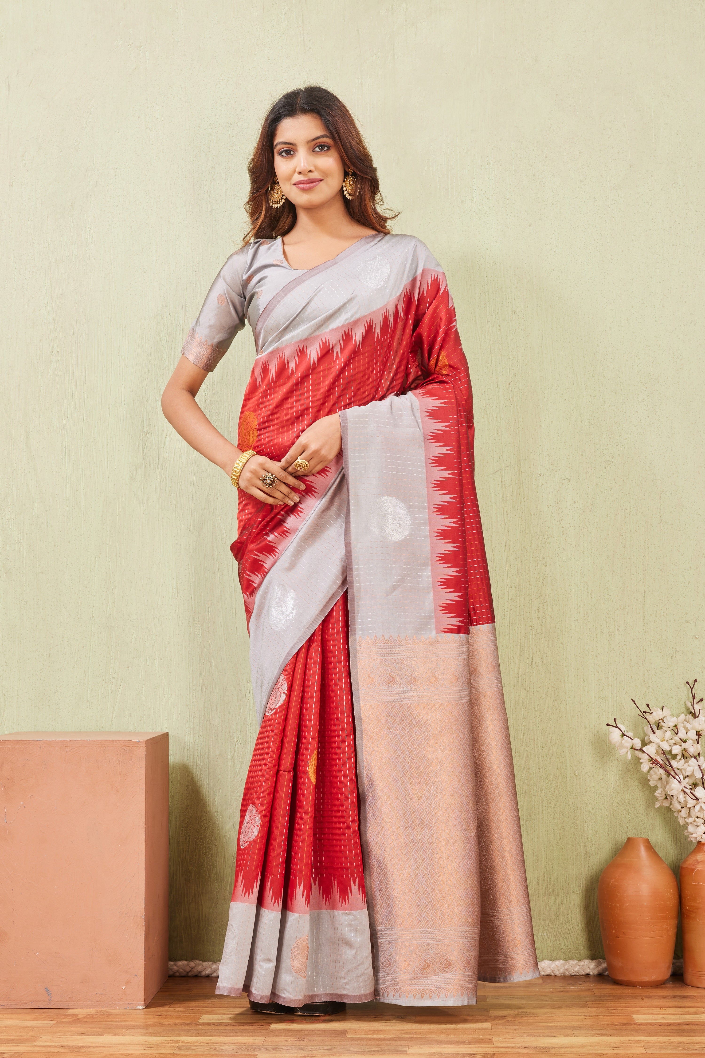 Grey Red Banarasi Silk Saree with Rich Pallu & Elegant Jacquard Jari Work
