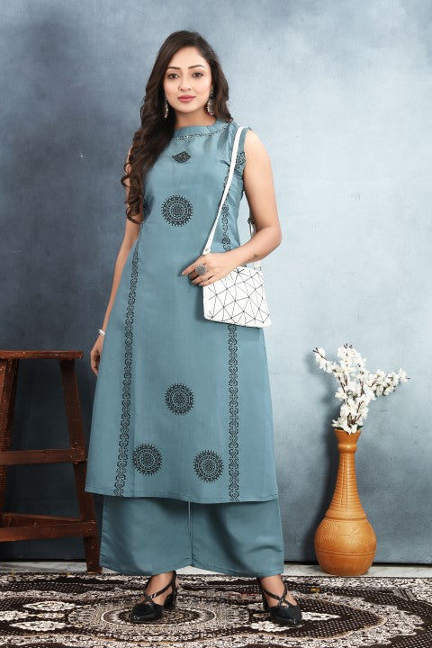 Grey Roman Silk Kurta Pant With Printed