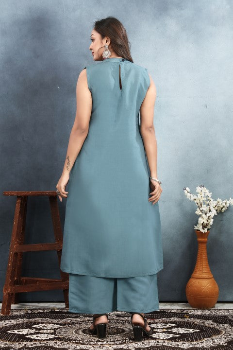 Grey Roman Silk Kurta Pant With Printed