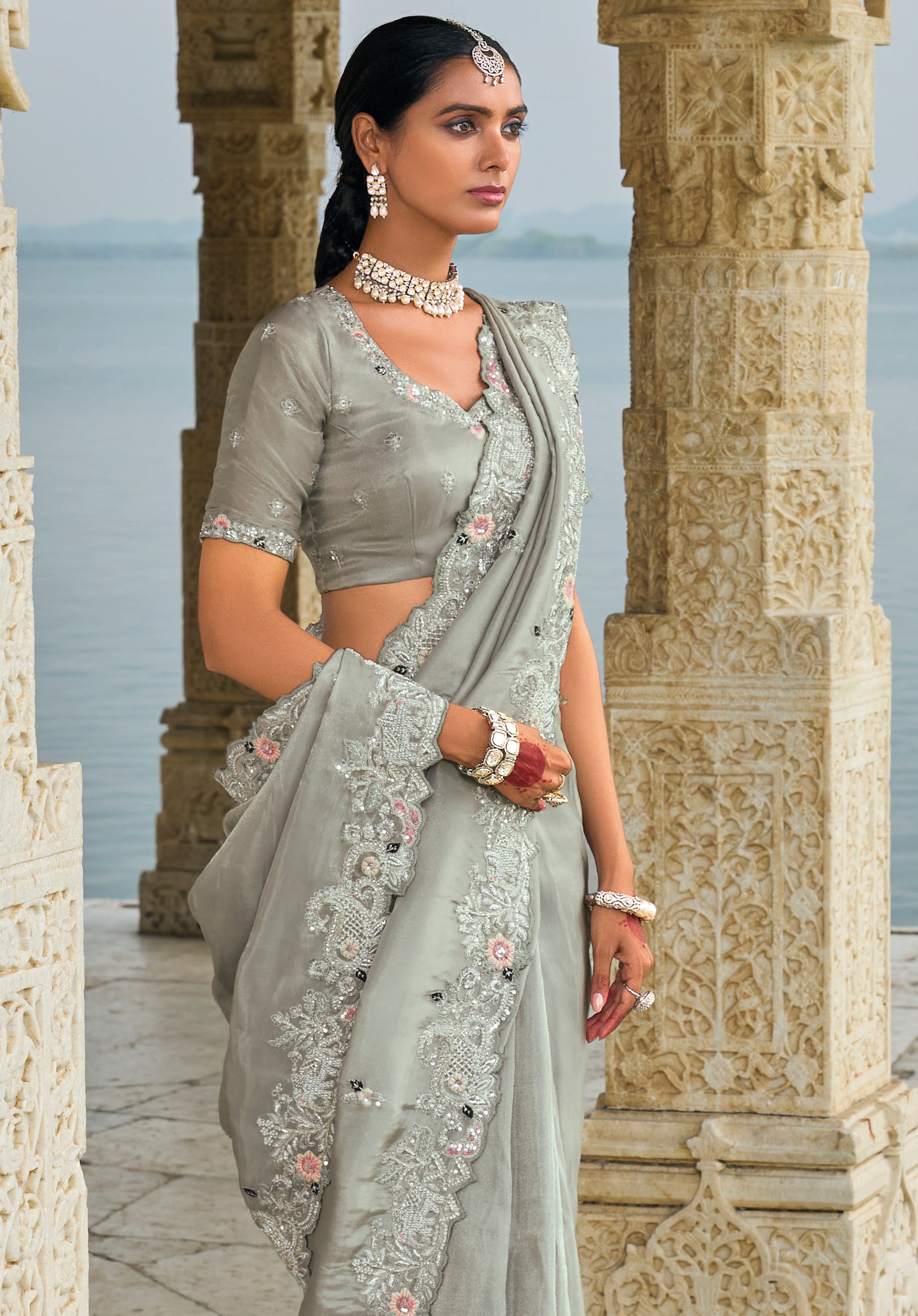 Grey Saree With Heavy Embroidered Work