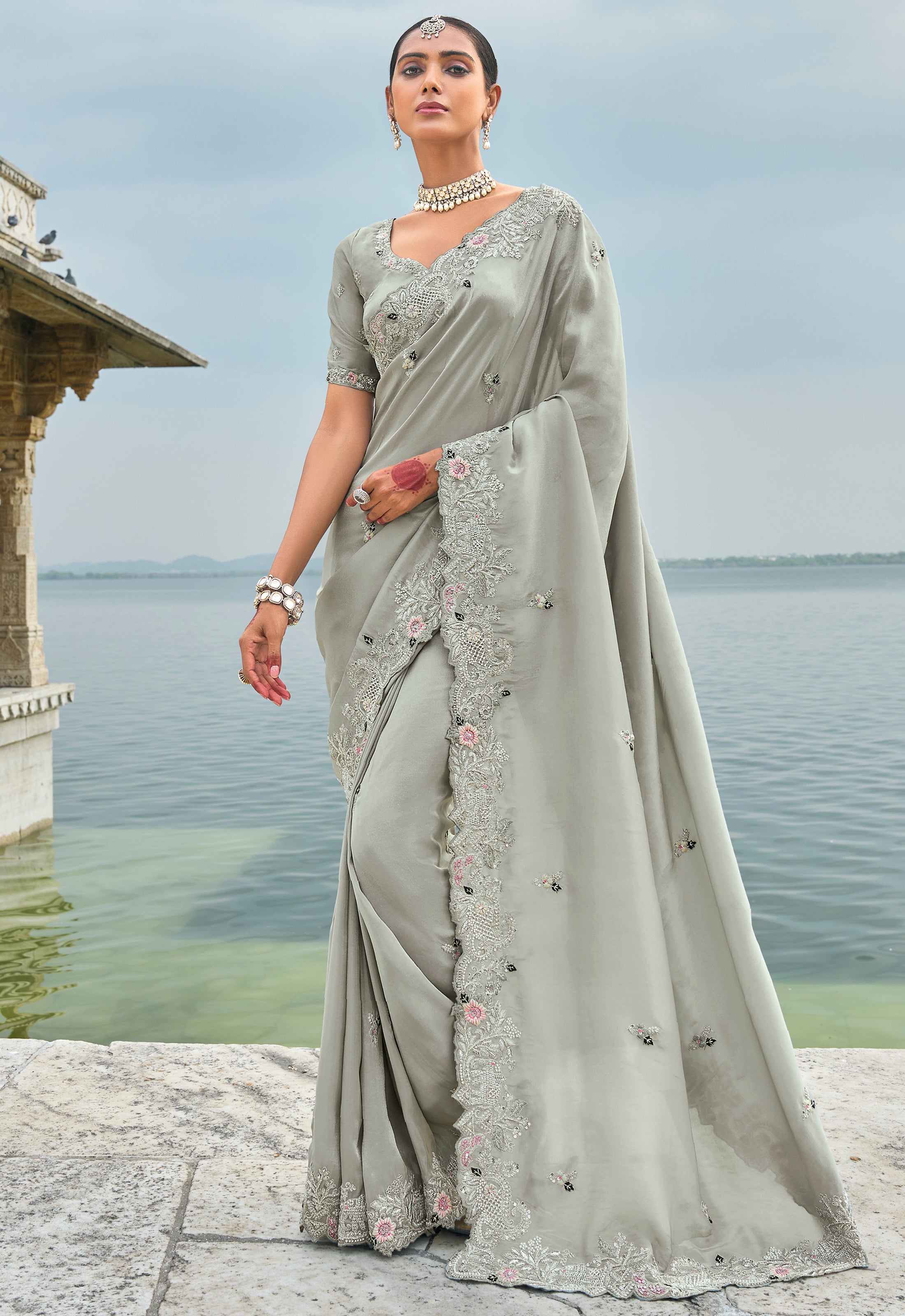 Grey Saree With Heavy Embroidered Work