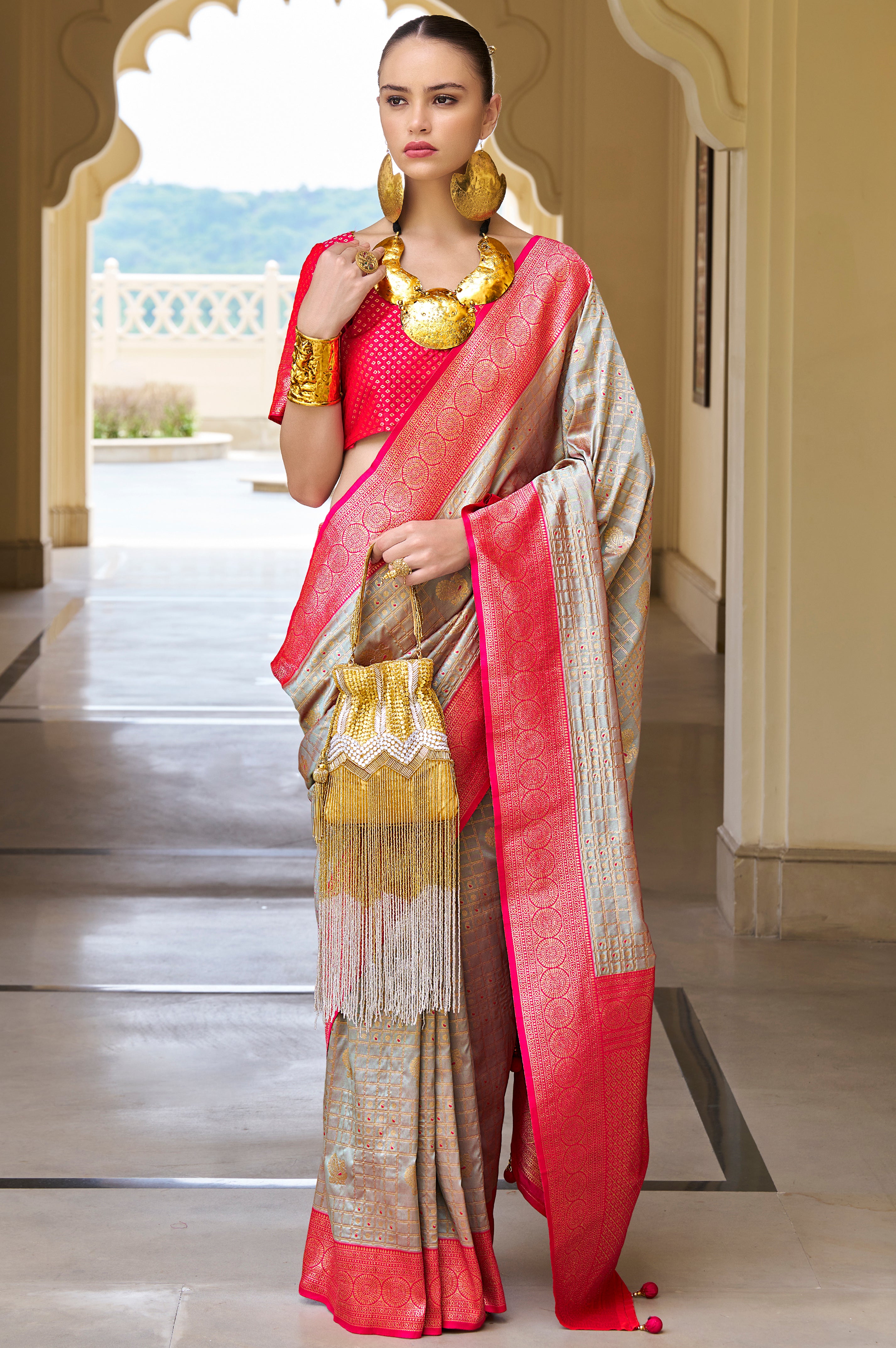 Grey Saree With Jacquard Woven Work
