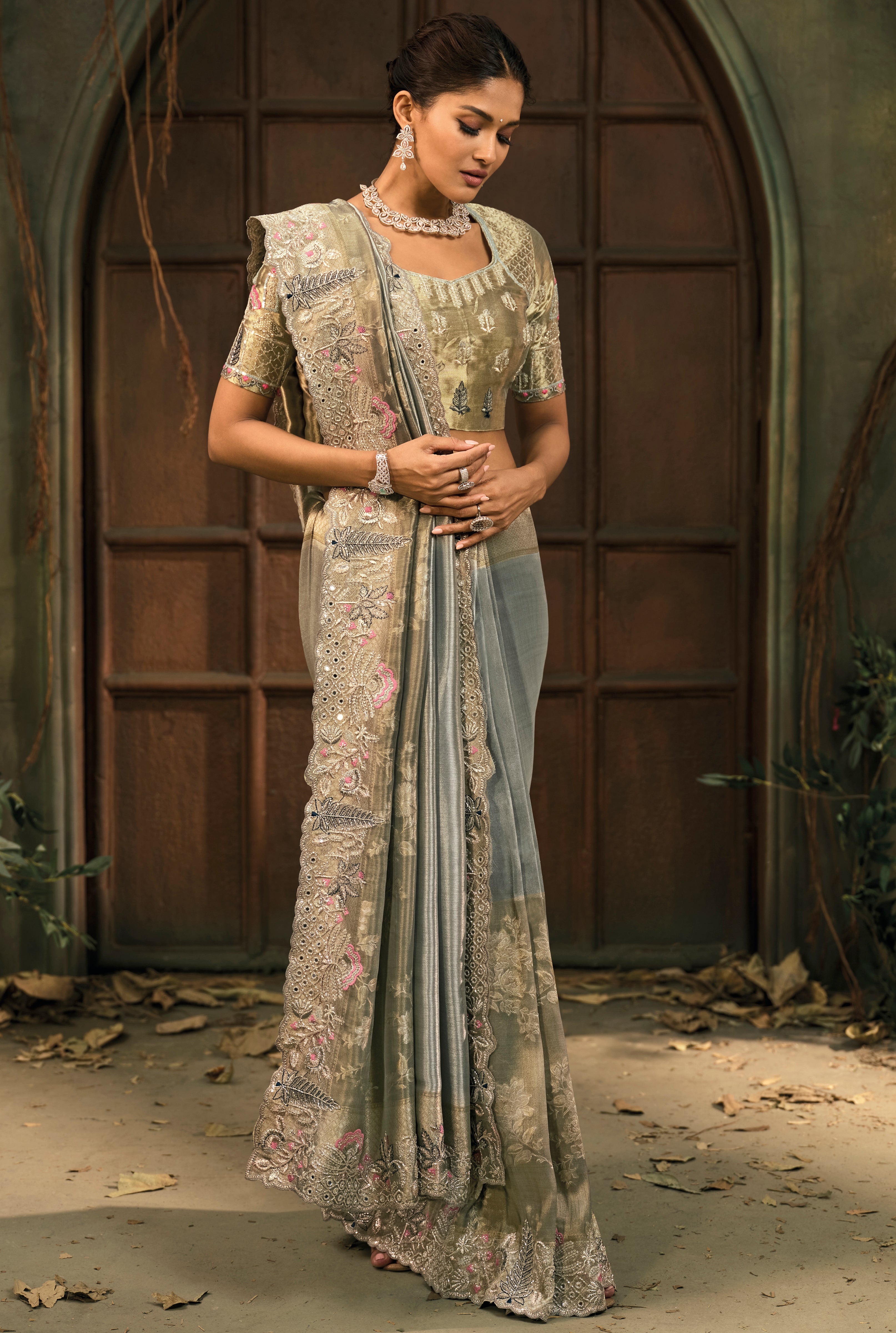 Grey Saree With Jari, Thread, Cut-Dana With Moti Heavy Work