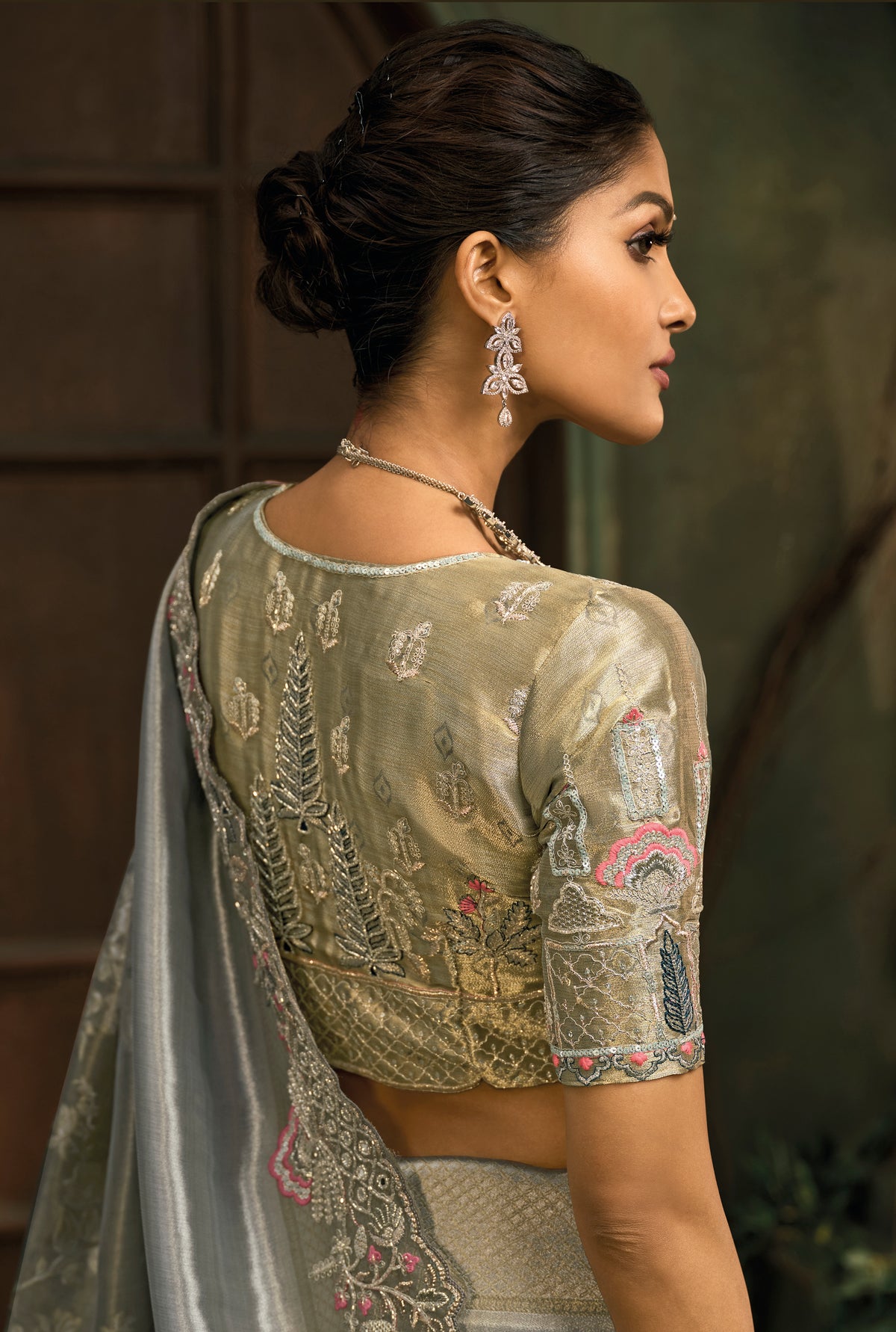 Grey Saree With Jari, Thread, Cut-Dana With Moti Heavy Work