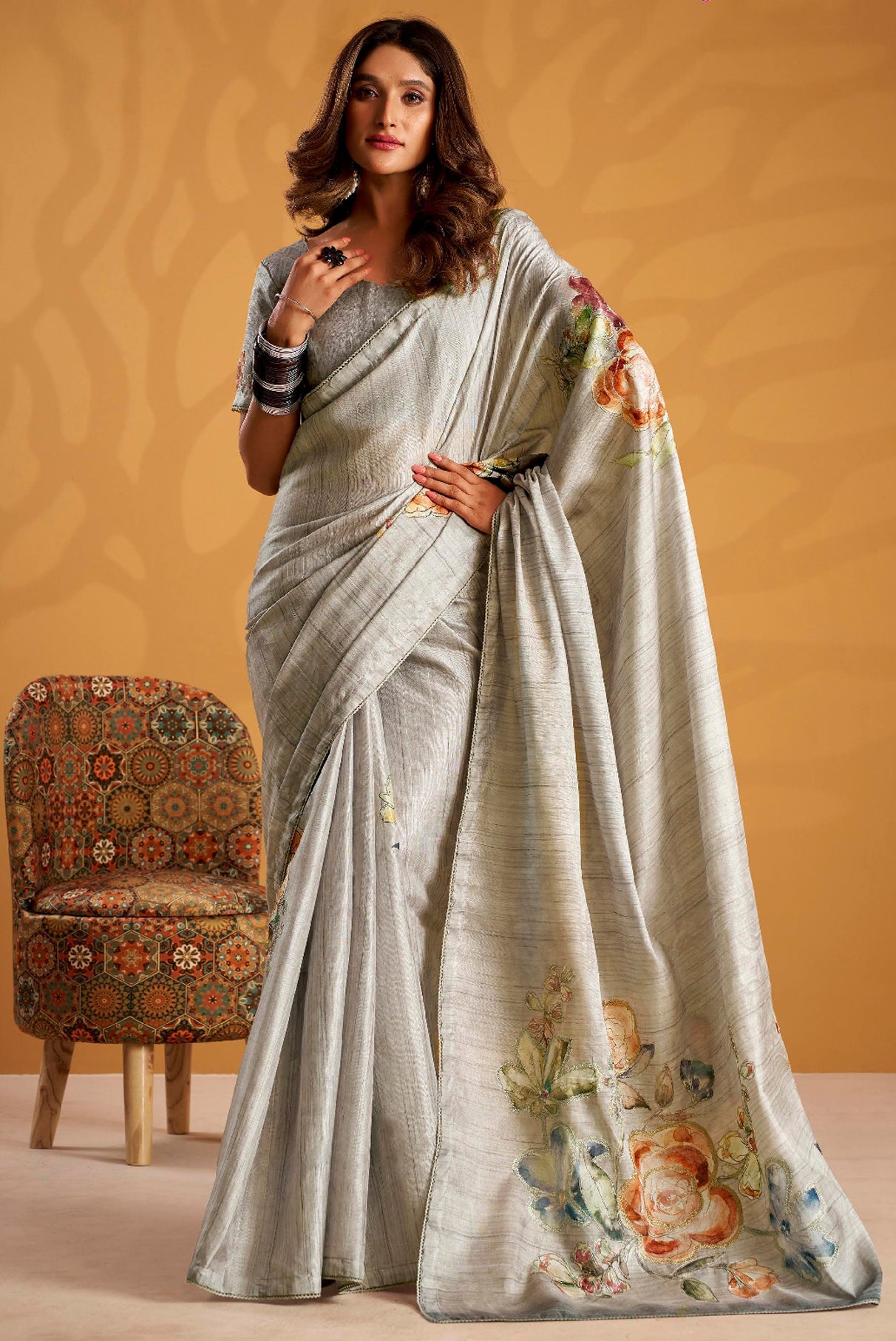 Grey Saree With Printed With Kasheeda work