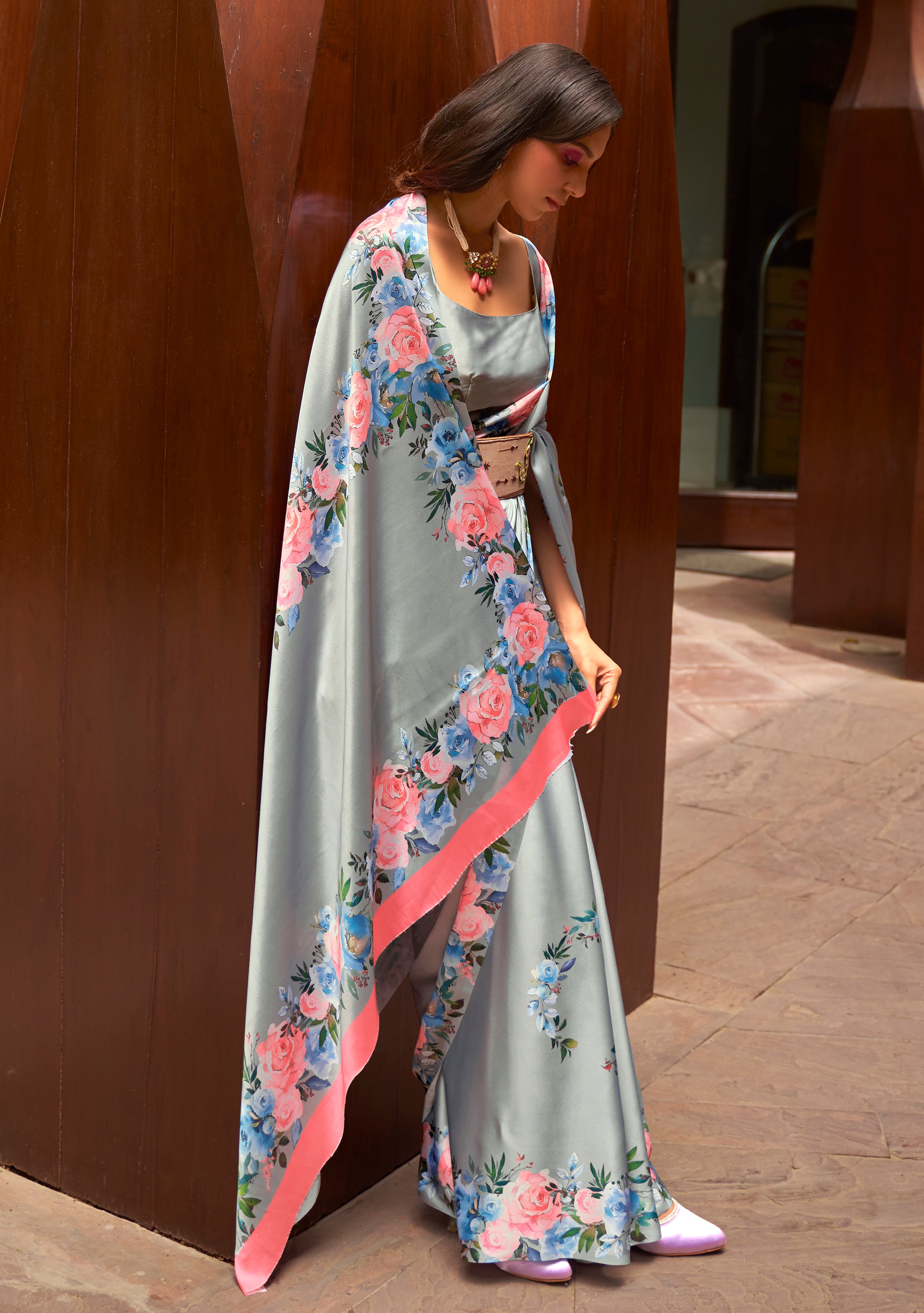 Grey Satin Crepe Saree With Digital Printed Work