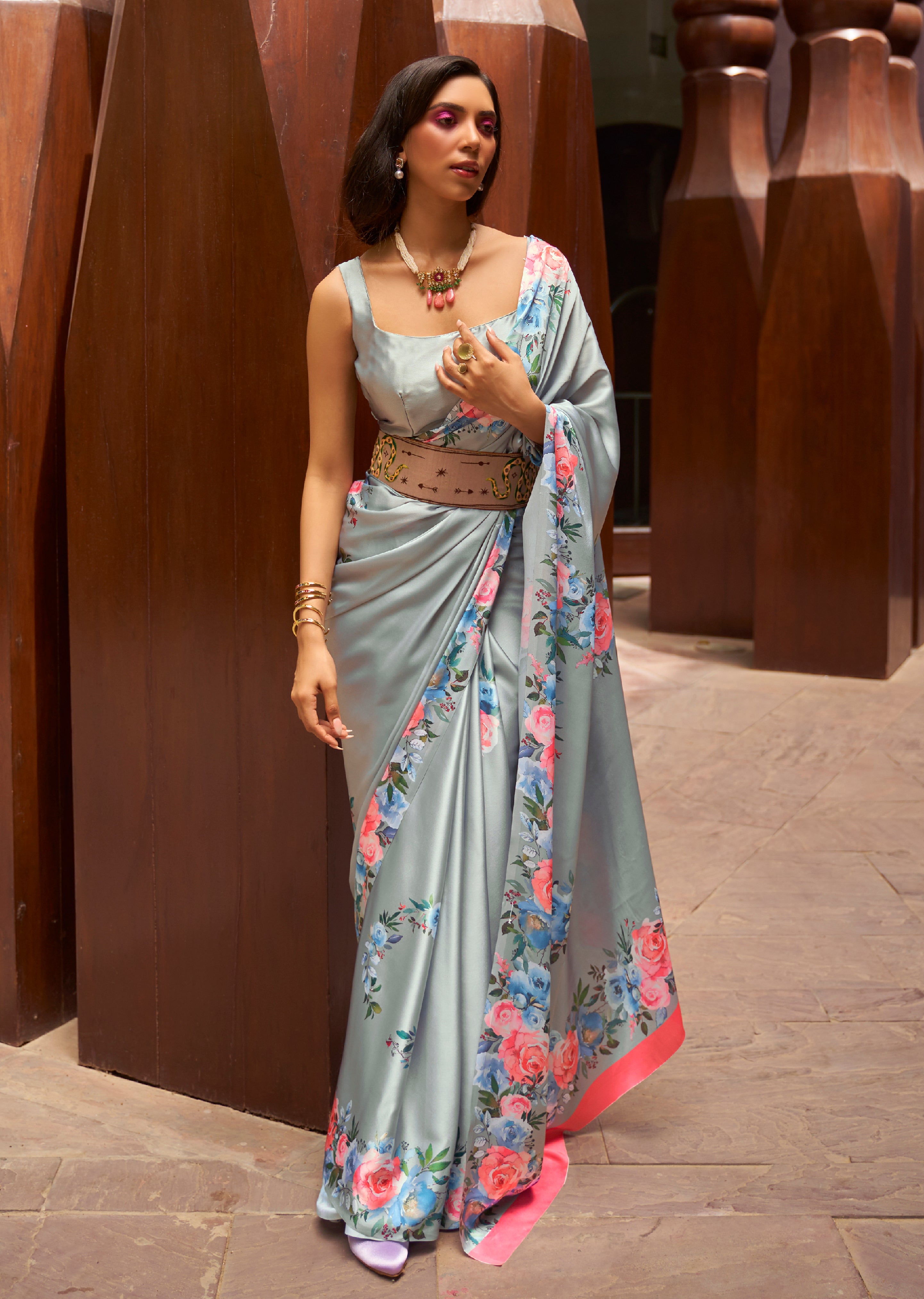 Grey Satin Crepe Saree With Digital Printed Work