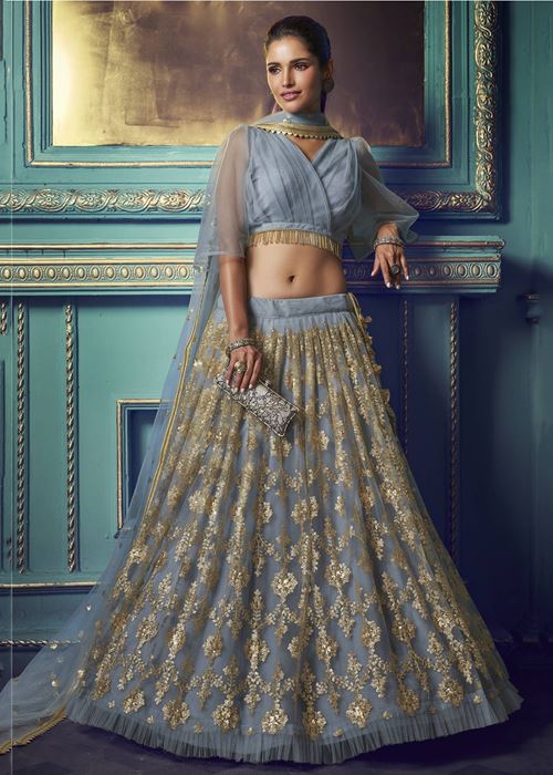 Grey Sequins Soft Net Party Wear Lehenga Choli