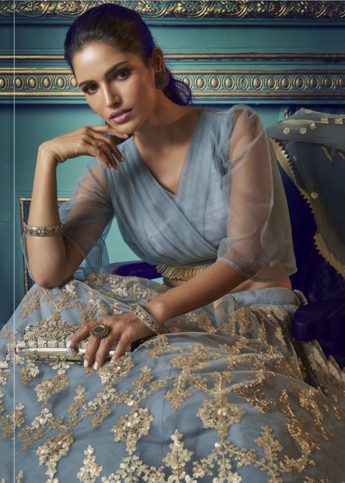 Grey Sequins Soft Net Party Wear Lehenga Choli