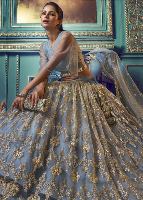 Grey Sequins Soft Net Party Wear Lehenga Choli