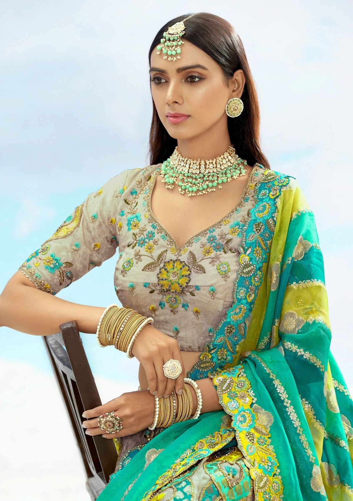 Grey Silk Lehenga Choli With Heavy Thread Embroidery, Zari With Sequins Work