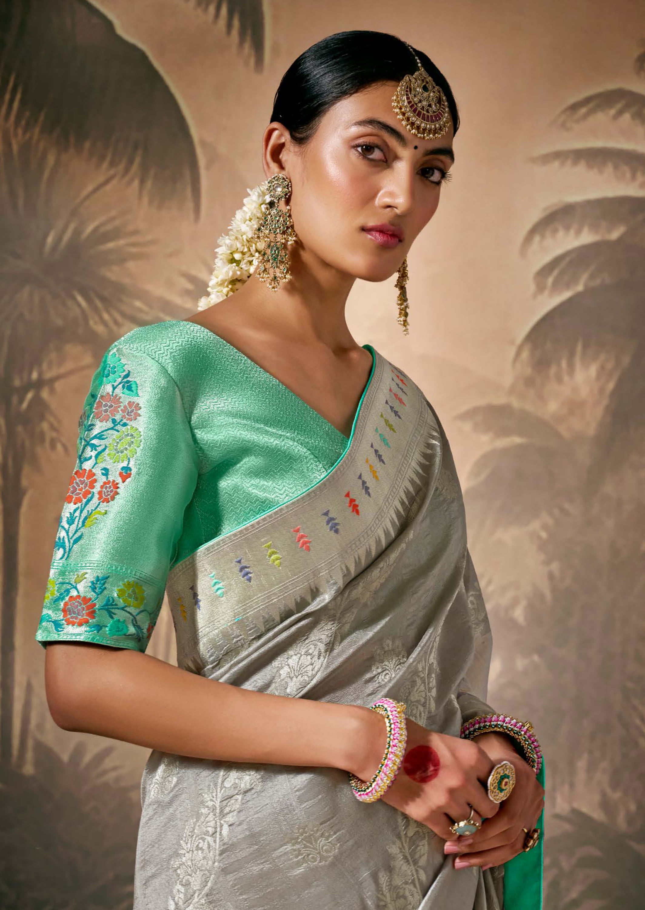 Grey Silk Saree With Jacquard Woven
