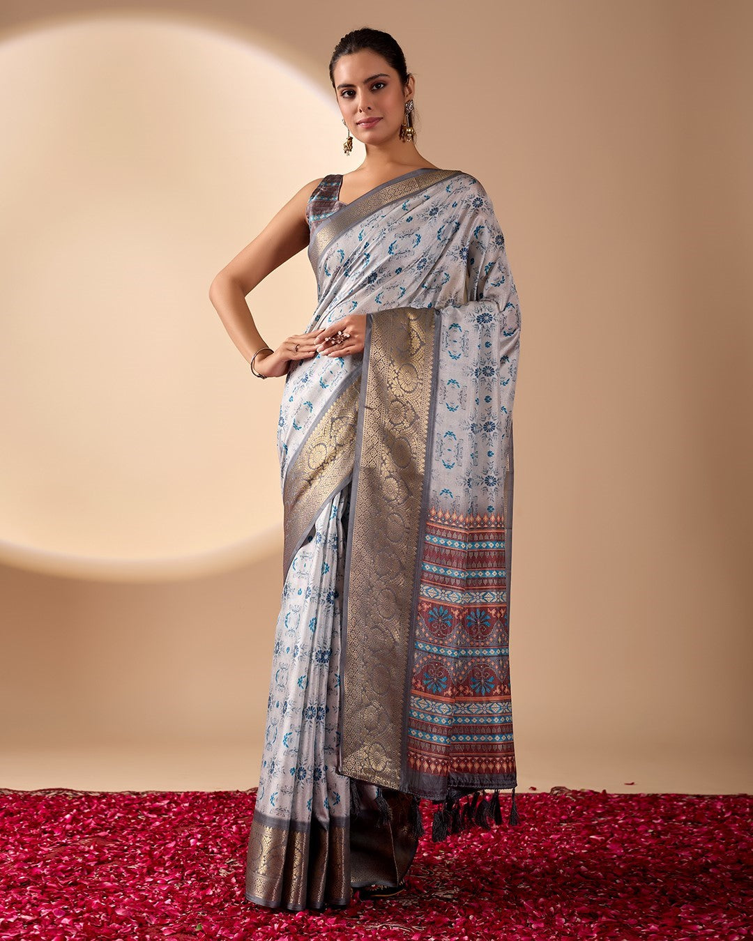 Grey Soft Lichi Silk Saree With Digital Printed Classic Elegant Saree