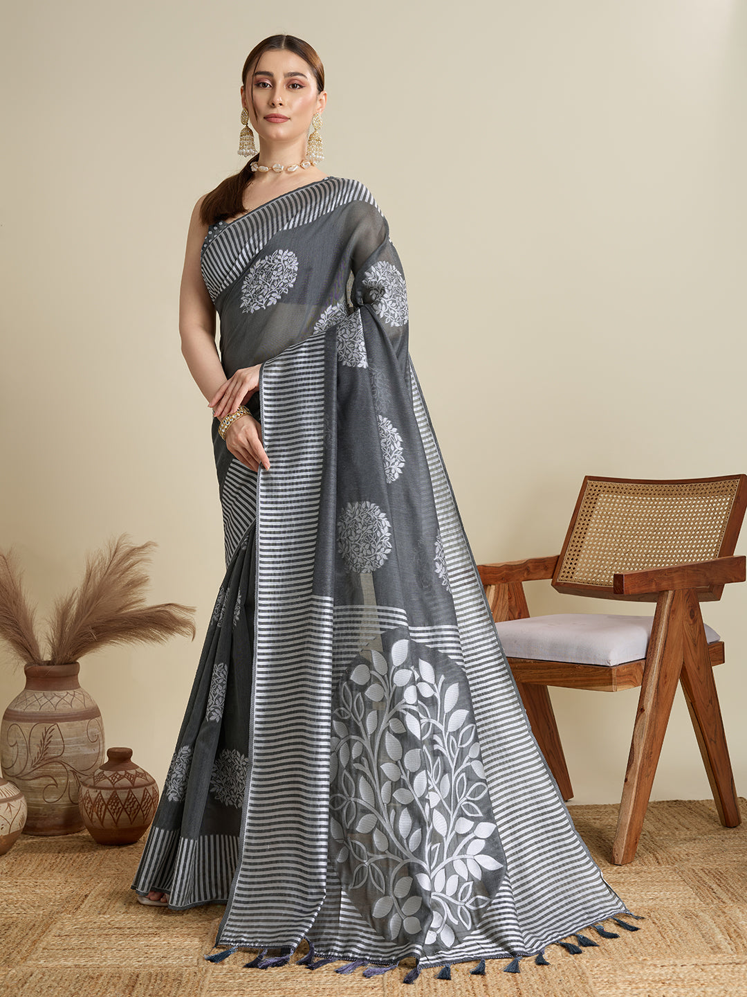 Grey Soft Silk Woven Flower Designer Stylish Partywear Saree