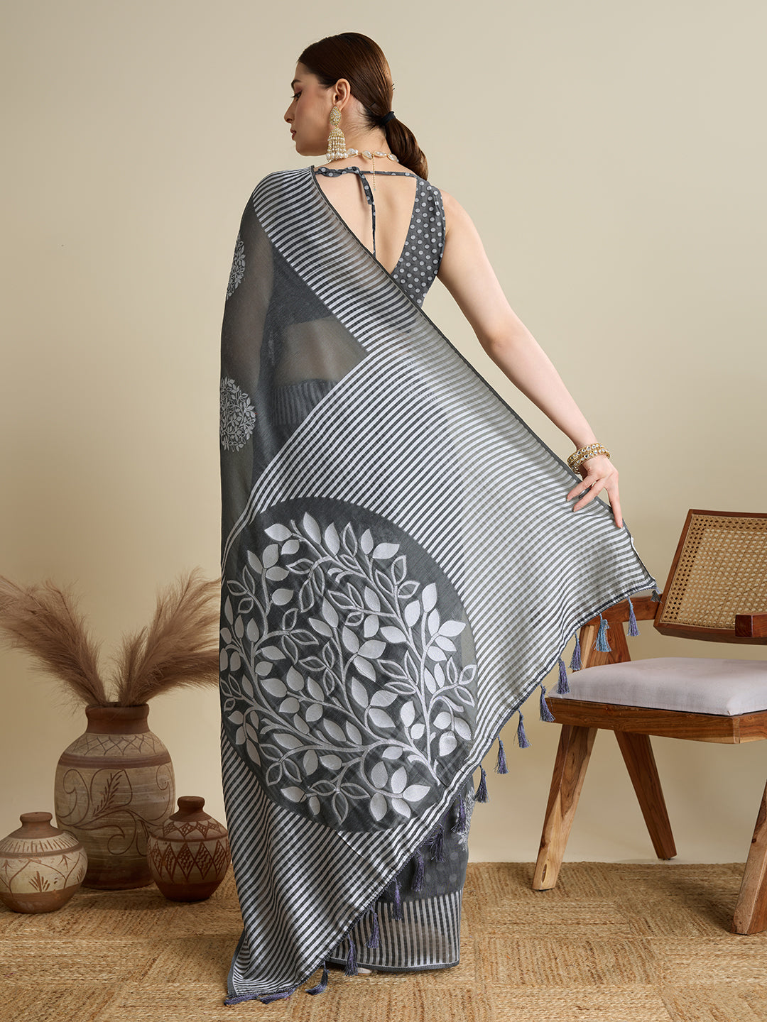 Grey Soft Silk Woven Flower Designer Stylish Partywear Saree