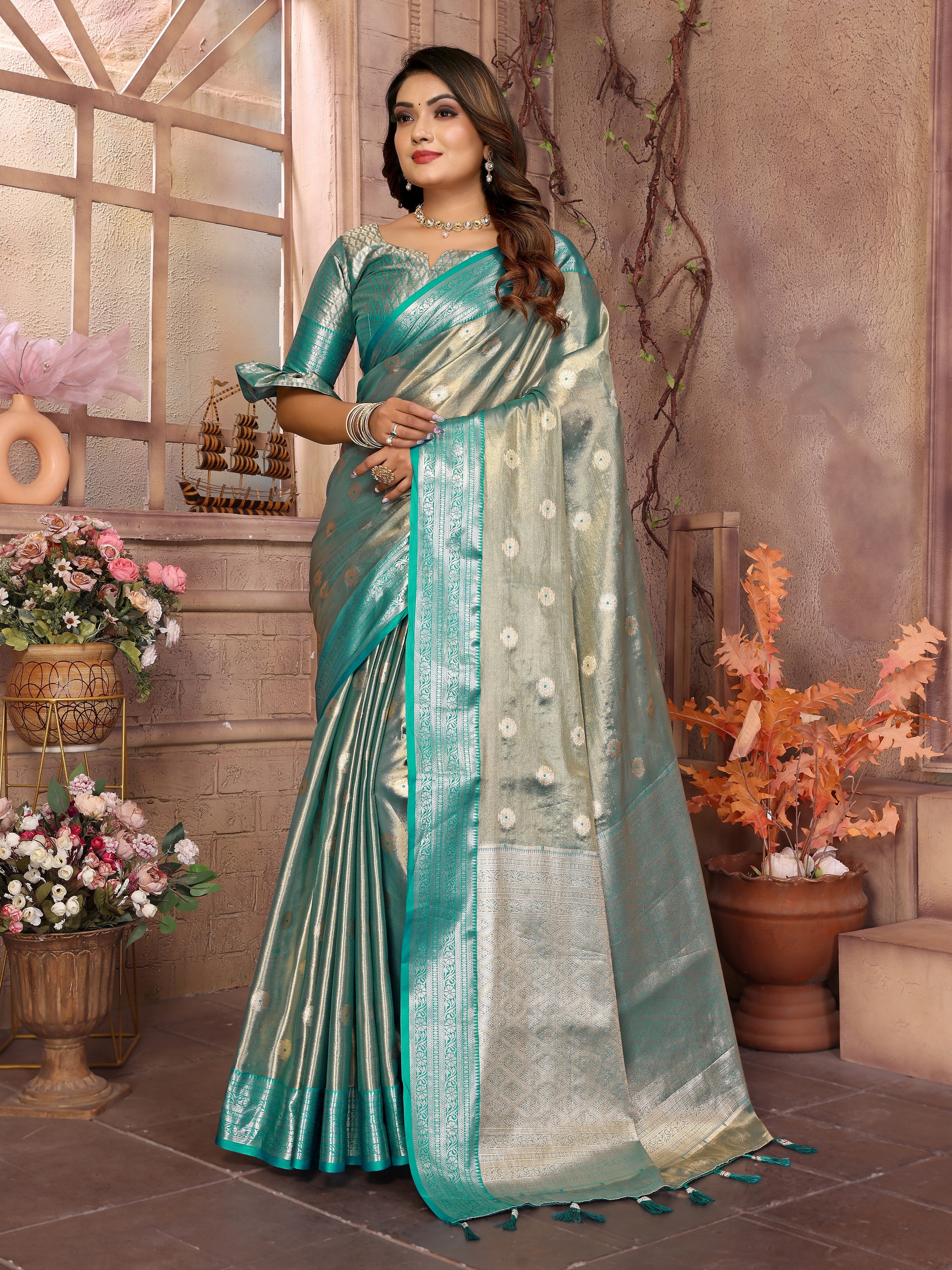 Grey Tissue Silk Ethnic Saree With Woven Handloom Designer
