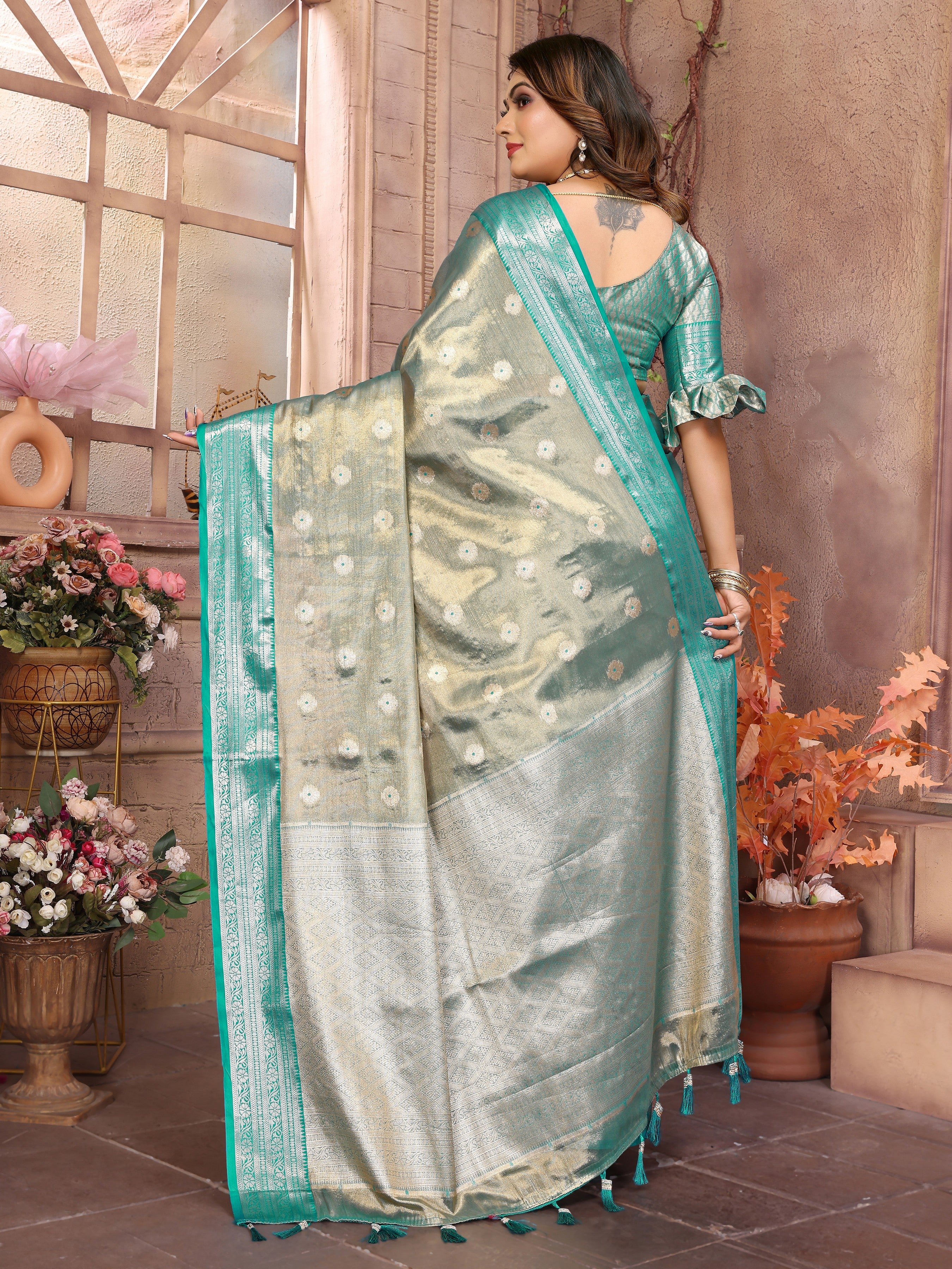Grey Tissue Silk Ethnic Saree With Woven Handloom Designer