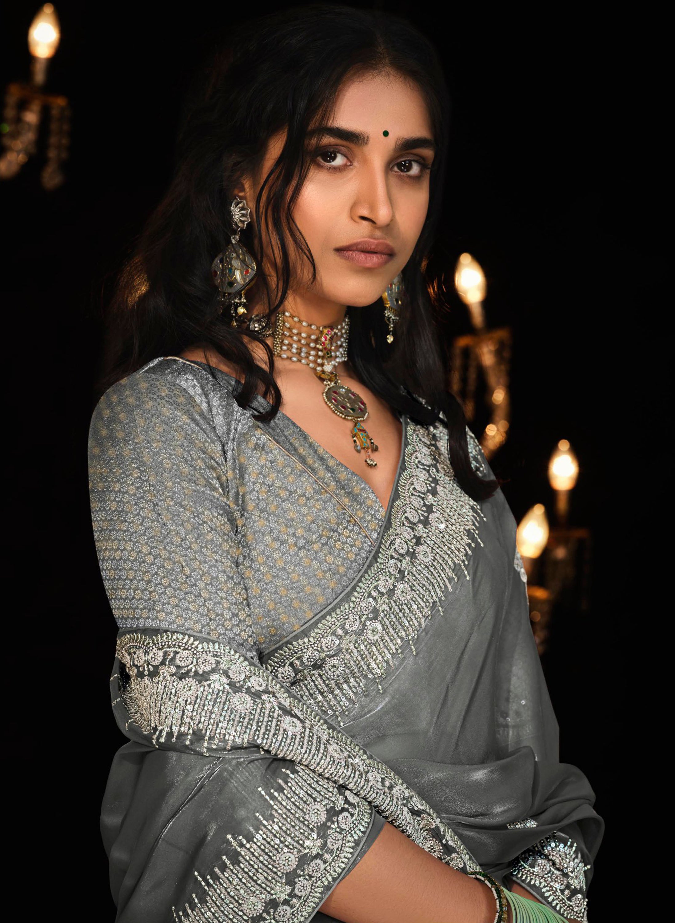 Grey Tissue Silk Saree With Heavy Thread and Zari Embroidered Work