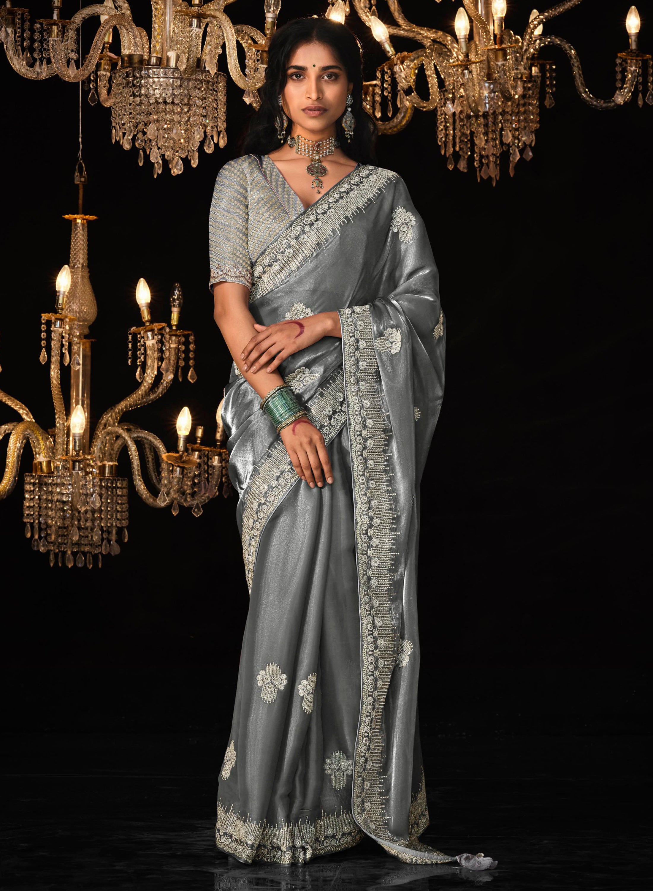 Grey Tissue Silk Saree With Heavy Thread and Zari Embroidered Work