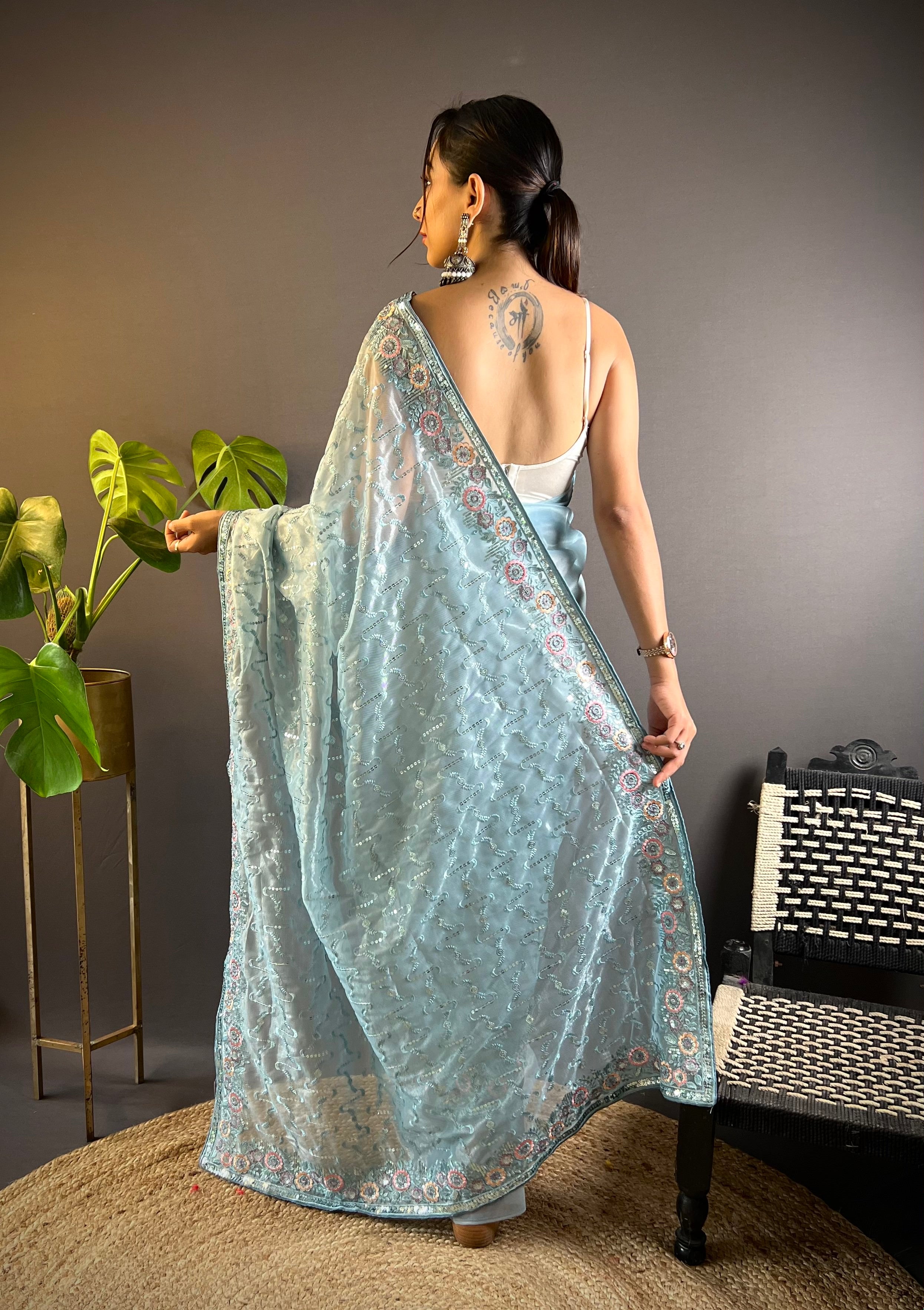 Grey Twill Net Fabric Designer Girlie Saree With Trendy Embroidered Saree