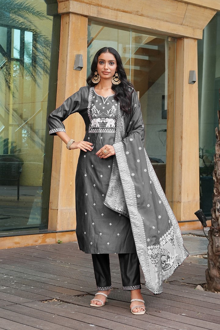 Grey Vatican Designer Suit Set With Handcrafted Embroidery