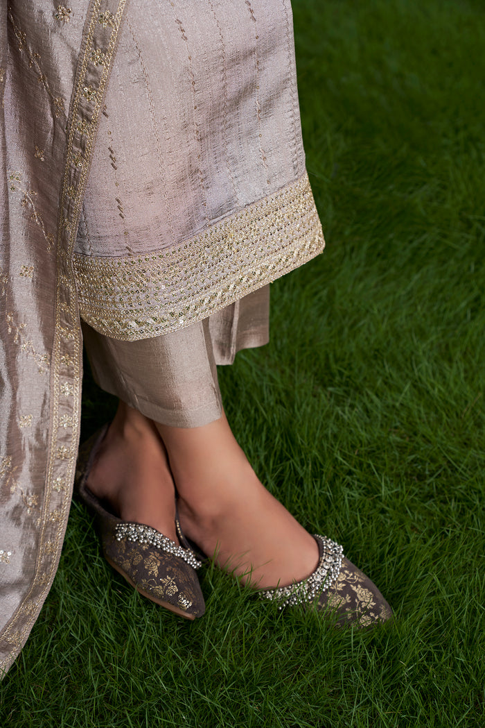 Grey Vichitra Silk Elegant Kurta Pant Set With Embroidery Work