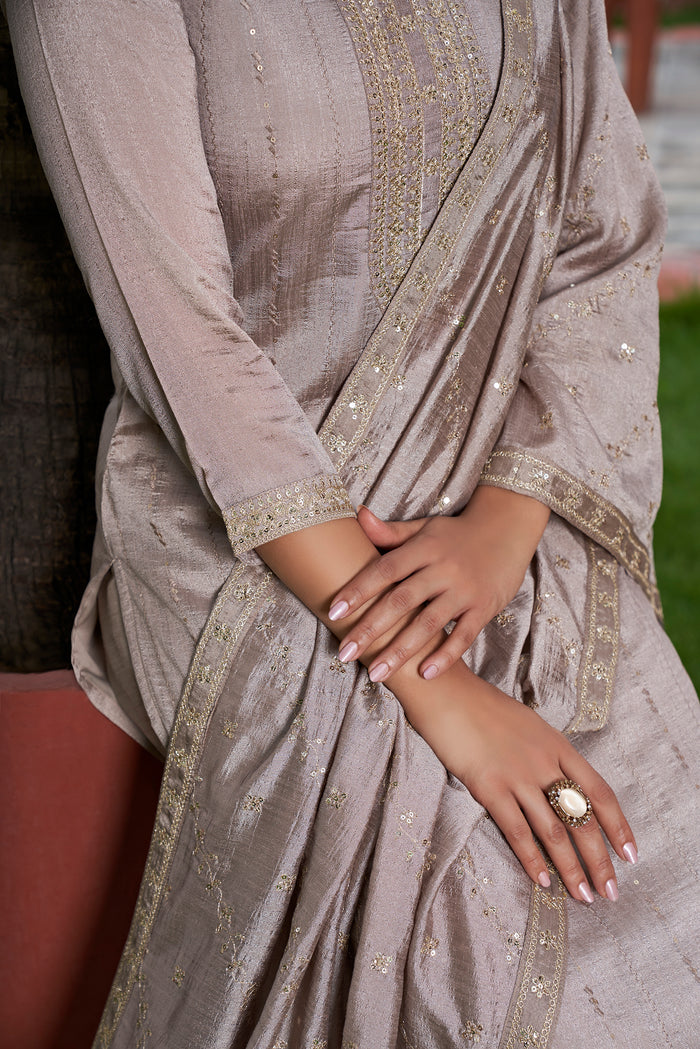 Grey Vichitra Silk Elegant Kurta Pant Set With Embroidery Work