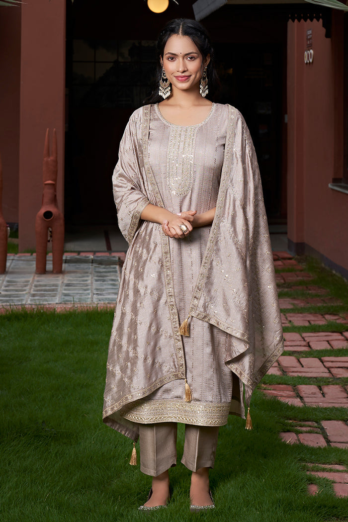 Grey Vichitra Silk Elegant Kurta Pant Set With Embroidery Work