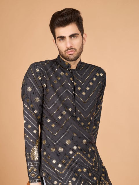 Grey Viscose Rayon Thread & Sequins Embroidery Ceremonial Kurta