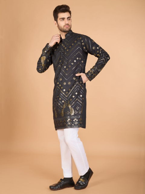 Grey Viscose Rayon Thread & Sequins Embroidery Ceremonial Kurta