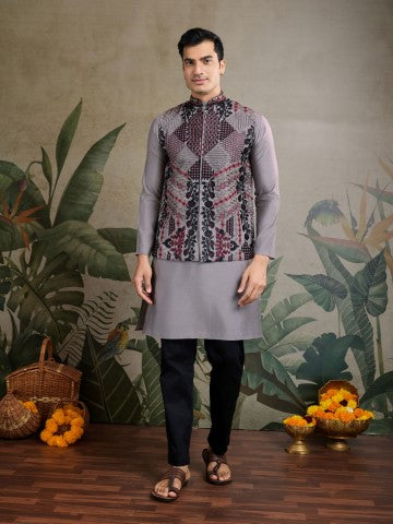 Grey Viscose Silk Kurta with Swarovski Embroidery & Jacket