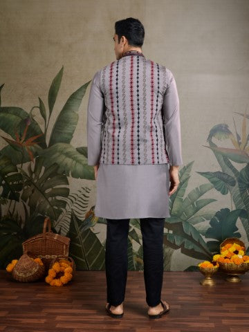 Grey Viscose Silk Kurta with Swarovski Embroidery & Jacket