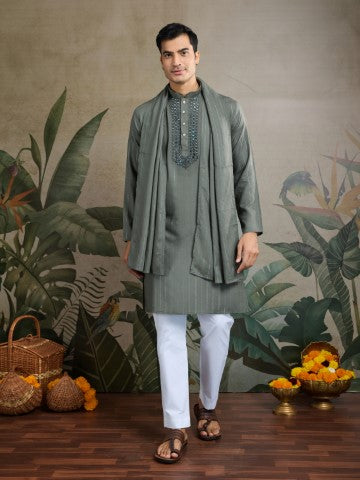 Grey Viscose Silk Kurta with Traditional Dupatta