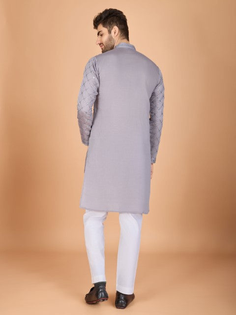 Grey Viscose Silk Thread & Sequins Embroidery Kurta with Dupatta