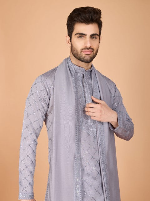 Grey Viscose Silk Thread & Sequins Embroidery Kurta with Dupatta
